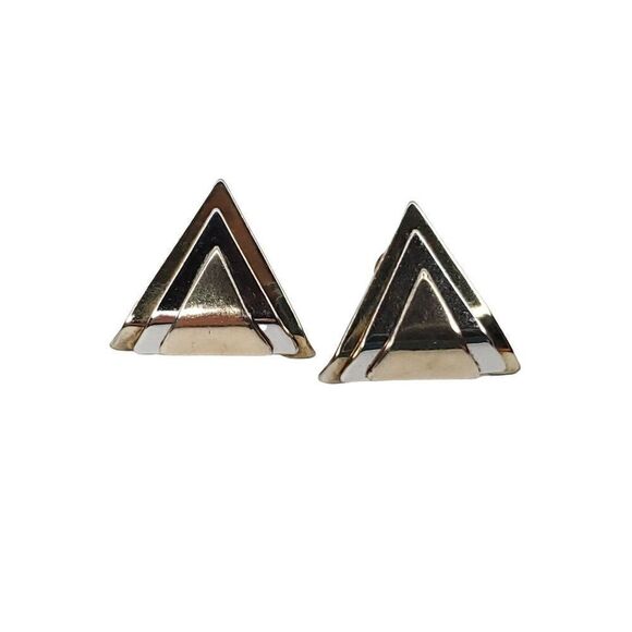 Triangle Geometric Art Deco 3 Layer Stud Post Earrings Silver Tone Brass 5/8" - Picture 1 of 5